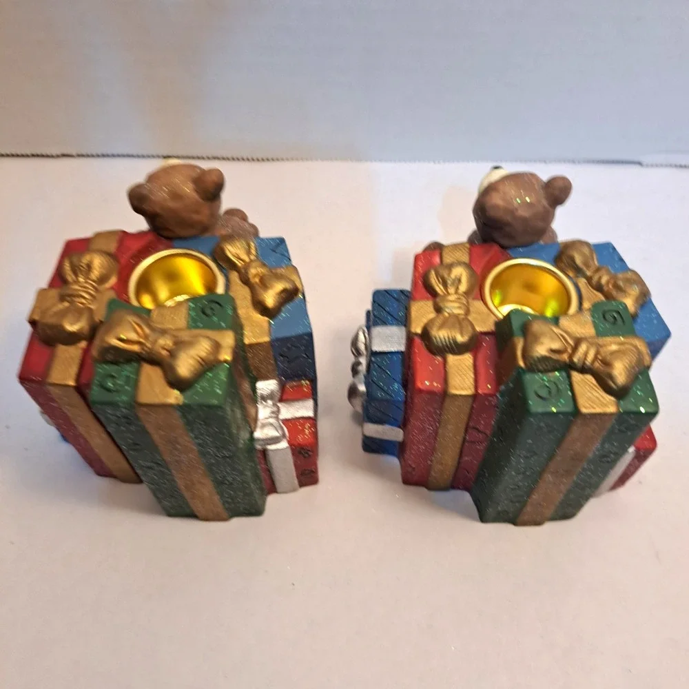 Vintage Christmas Present Teddy Bears Tapered Candle Holders Set of 2
